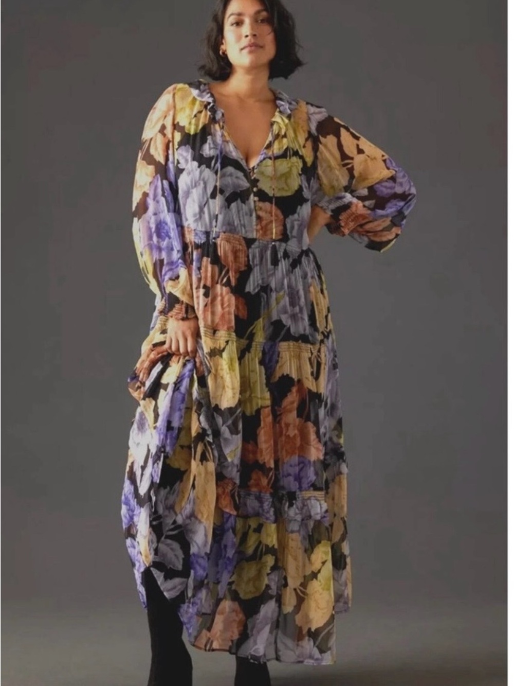 Anthropologie Purple and Yellow Floral Maxi Dress